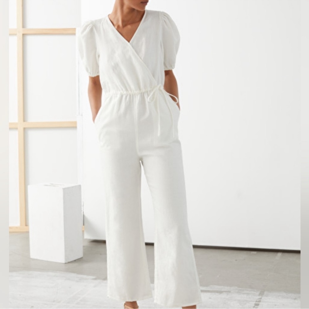 NWT & Other Stories White Linen Puff Sleeve Wrap Jumpsuit White US 10 NWT $129